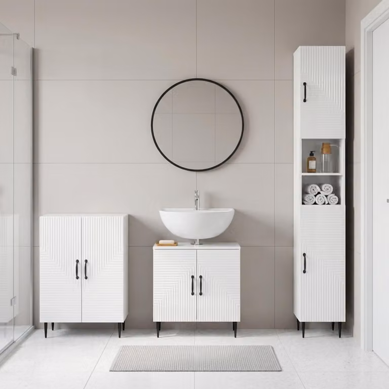 Set di armadietti da bagno 3 pezzi vidaXL HAARLEM Bianco Lucido con mobile lavabo e pensili
