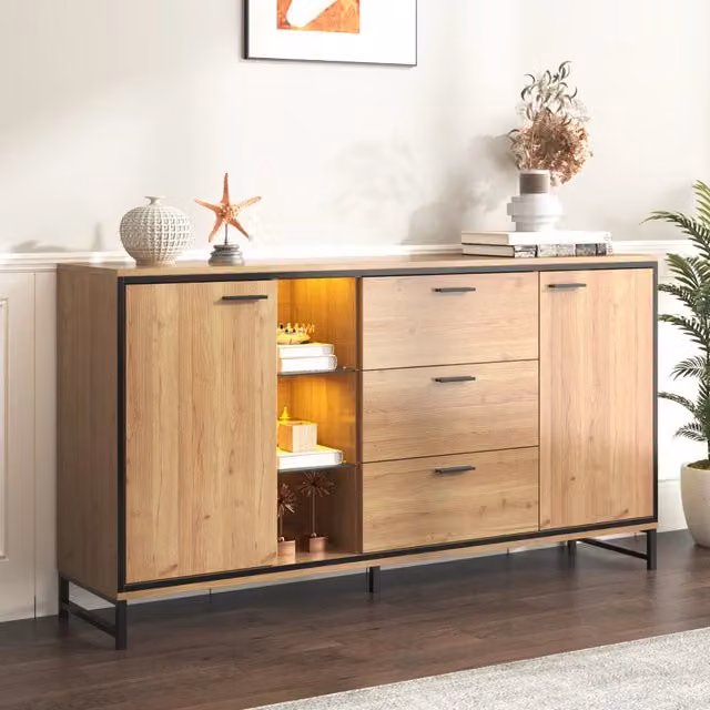 Sideboard moderno nero e color legno, 3 cassetti, vani aperti, finitura venatura elegante