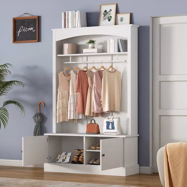 Mobili da ingresso OKWISH con panca portascarpe e appendiabiti, bianco, L/P/H: 120 x 40 x 190 cm