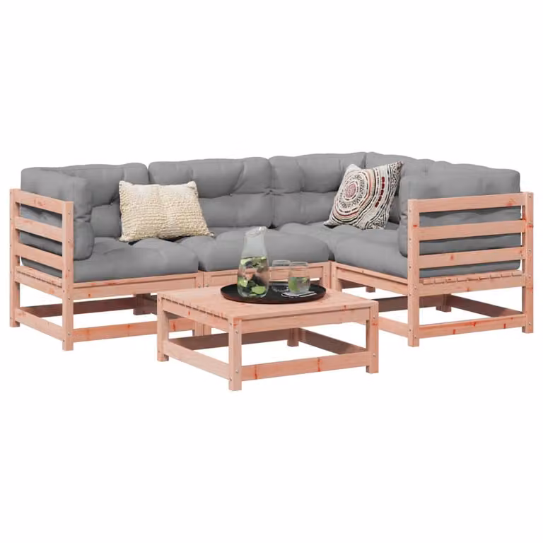 Set di Divani da Giardino vidaXL 5 Pezzi in Legno Massello con Cuscini, Design Moderno a L, Colore Marrone e Grigio
