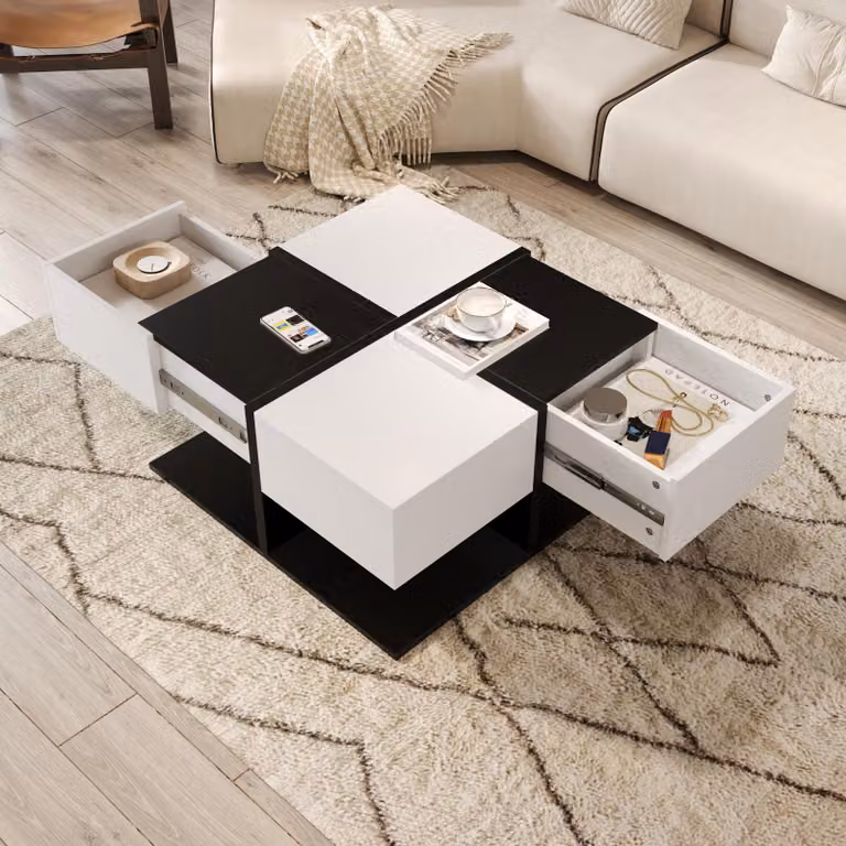 Tavolino da divano STILVORA con 2 cassetti, tavolino da salotto lucido con spazio contenitivo, tavolino ausiliario con guide scorrevoli silenziose, nero e bianco