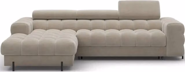 Divano angolare sinistro convertibile MEUBLORAMA in velluto beige con funzione letto e poggiatesta regolabile L/P/H: 285 x 99 x 181 cm
