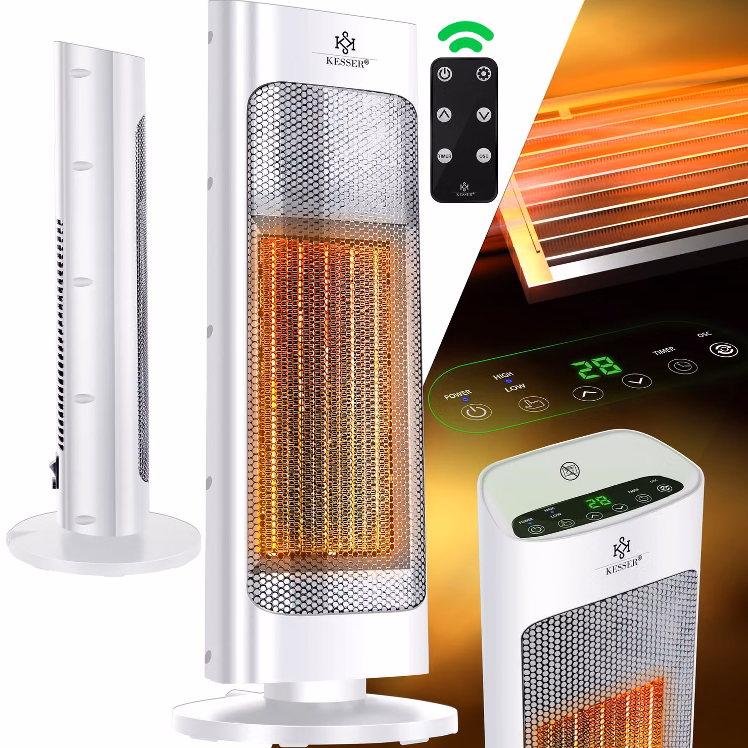 Riscaldatore KESSER® con telecomando, a basso consumo energetico, silenzioso, 2000W, riscaldatore ceramico, riscaldatore da pavimento, con termostato regolabile da 15 a 30°C. Riscaldatore rapido con funzione di oscillazione a 80°, timer da 24 ore. Riscald