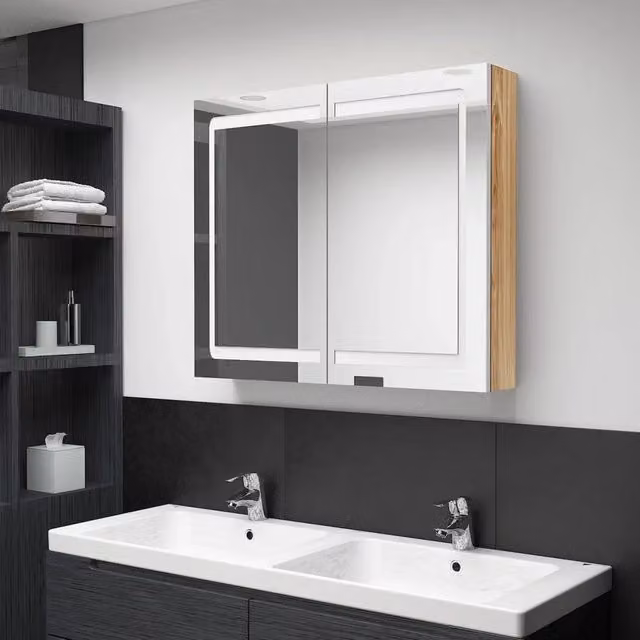 Armadietto Bagno con Specchio e LED-Mobile bagno con specchio Bianco e Rovere 80x12x68 cm
