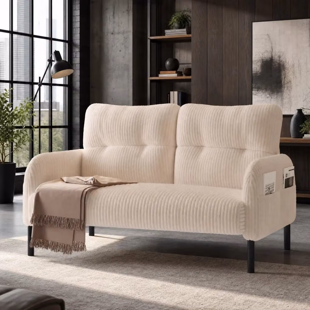 Divano a 2 posti MODFU in velluto a coste beige con struttura in metallo L: 120 cm, P: 75 cm, H: 79 cm – 2