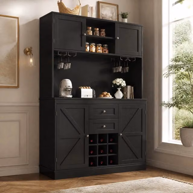 Credenza alta da cucina e soggiorno moderna in MDF nero con 4 ante, 2 cassetti, ripiani interni e vano aperto L/P/H: 120 x 40 x 188 cm