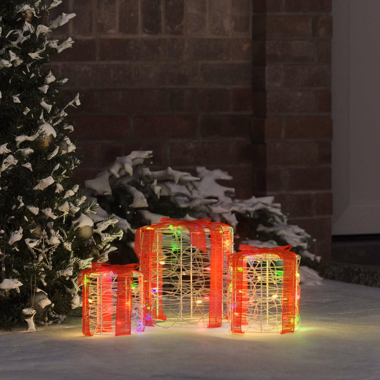 Set di 3 decorazioni a forma di scatola regalo vidaXL con 60 LED multicolore, H 21 x L 20 x P 20 cm