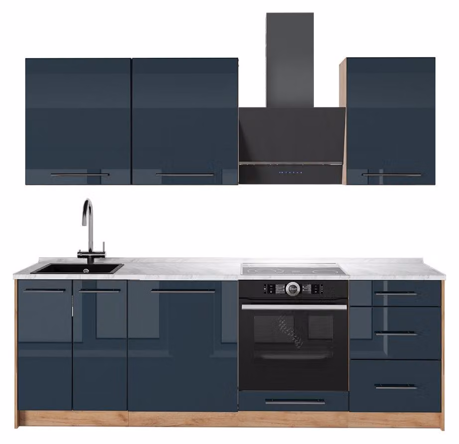 Cucina componibile Vicco Fame-Line Blu scuro lucido/Rovere dorato 230 cm, PL Marmo, Model 65733
