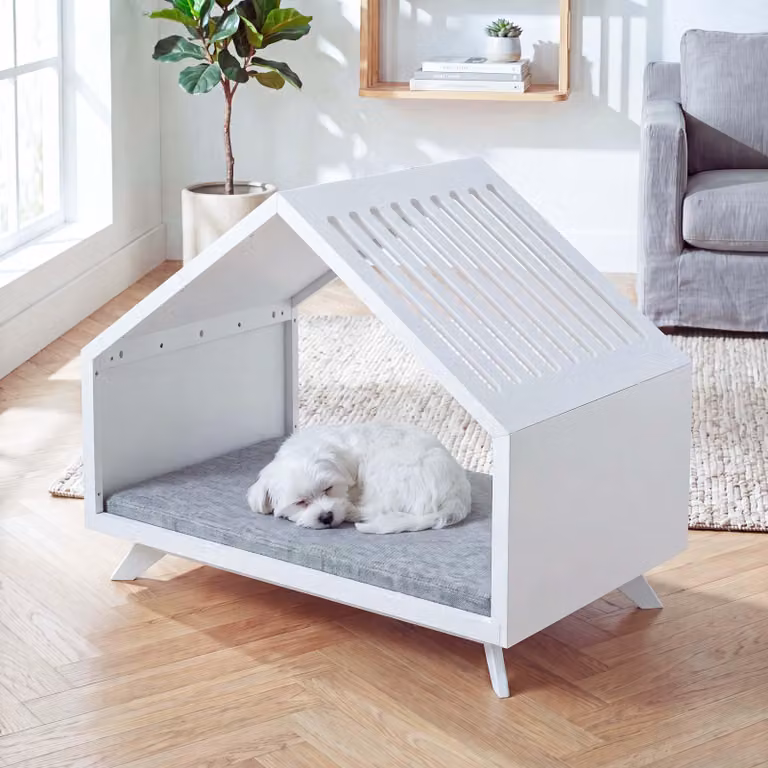 Cuccia per animali domestici HWC-Q65, adatta a cani e gatti, realizzata in legno ®, dimensioni 80x100x60 cm, colore bianco, cuscino grigio