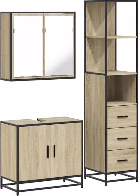 Set Mobili da Bagno | Armadio da bagno 3 pz Rovere Sonoma in Legno Multistrato