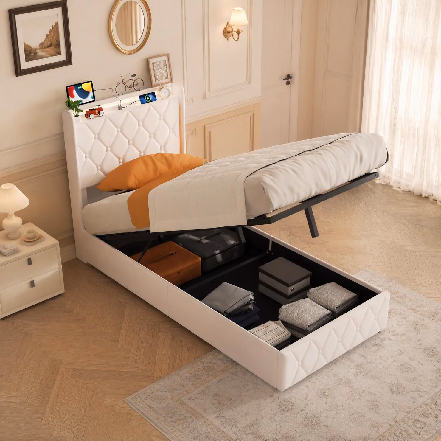 Letto imbottito INONEFT, 90x200 cm, con contenitore, letto per ragazzi con LED e prese di corrente, letto singolo con rete a doghe e spazio contenitivo nella testiera, rivestito in velluto, color beige