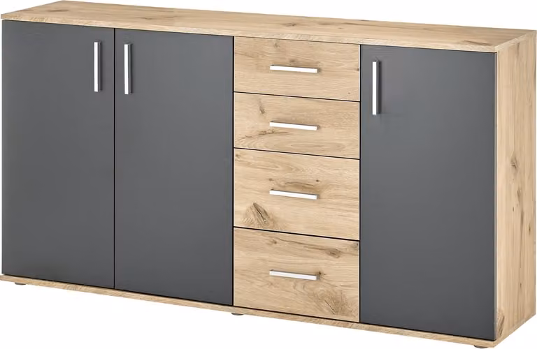 Cassettiera - 160 x 84 cm - 3 ante - 4 cassetti - Grigio opaco - Decoro rovere vichingo