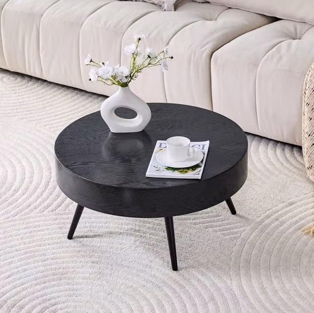 Tavolino rotondo da caffè in MDF effetto legno nero con gambe in metallo, Ø 70 cm, design minimalista