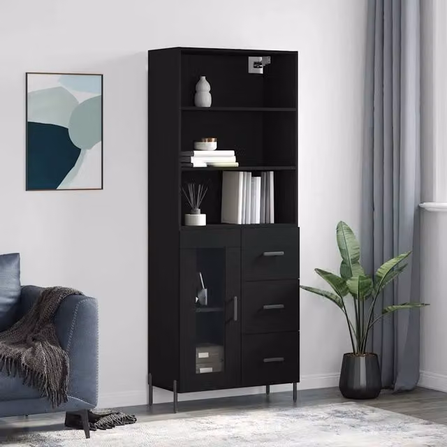 Credenza-Buffet-Armadio da cucina Nera 69,5x34x180 cm in Legno Multistrato 549255