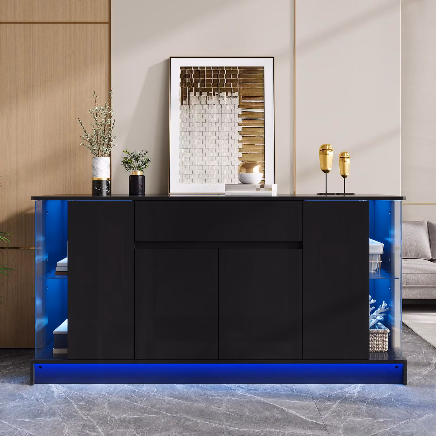 Mobile bar con ante lucide, dotato di 2 vetrine in vetro, una cassettiera con cassetto e ante, un mobile contenitore con illuminazione a LED, armadio per il soggiorno, realizzato in pannello di particelle di legno, colore nero