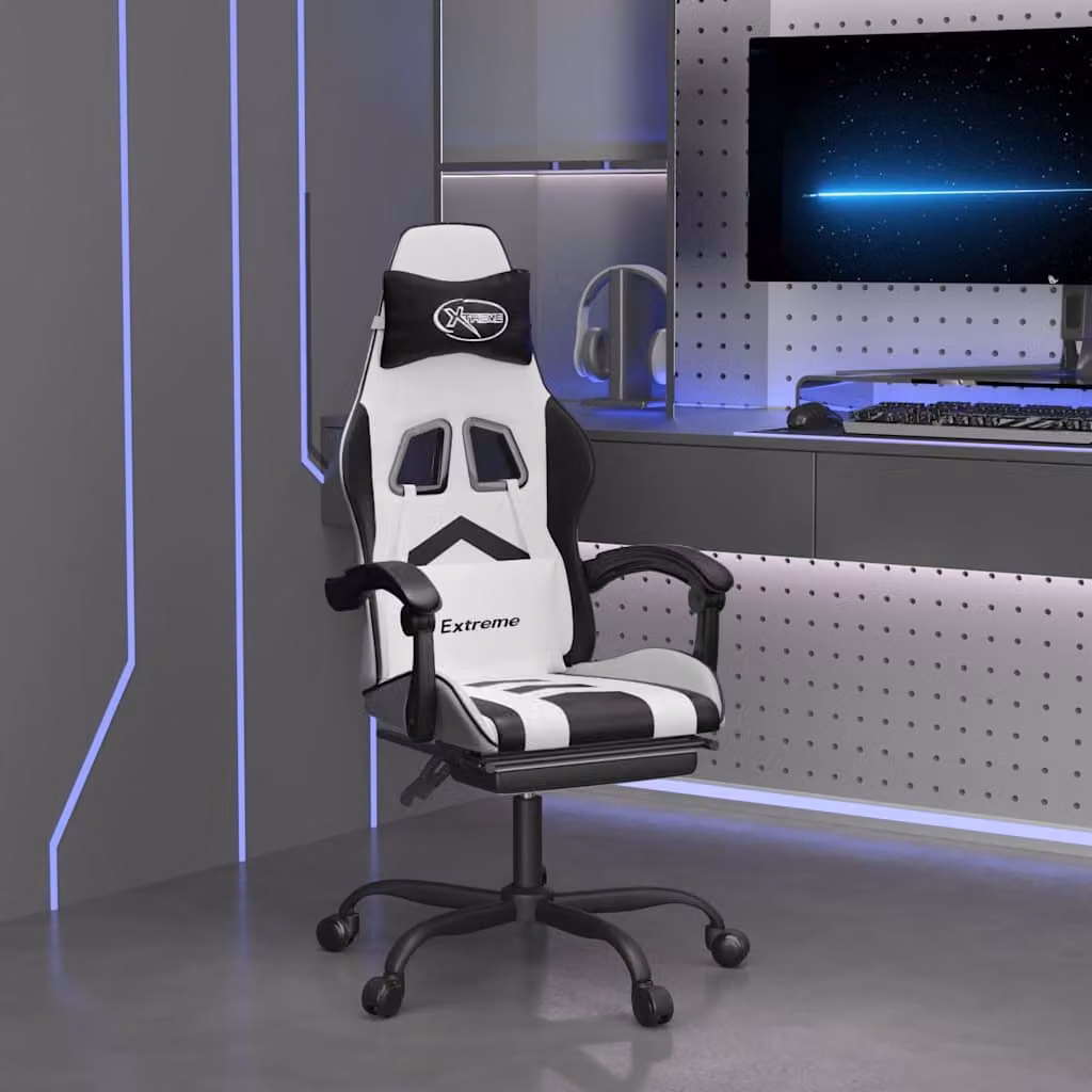 Sedia da Gaming Girevole vidaXL in Similpelle Bianco e Nero con Poggiapiedi e Braccioli
