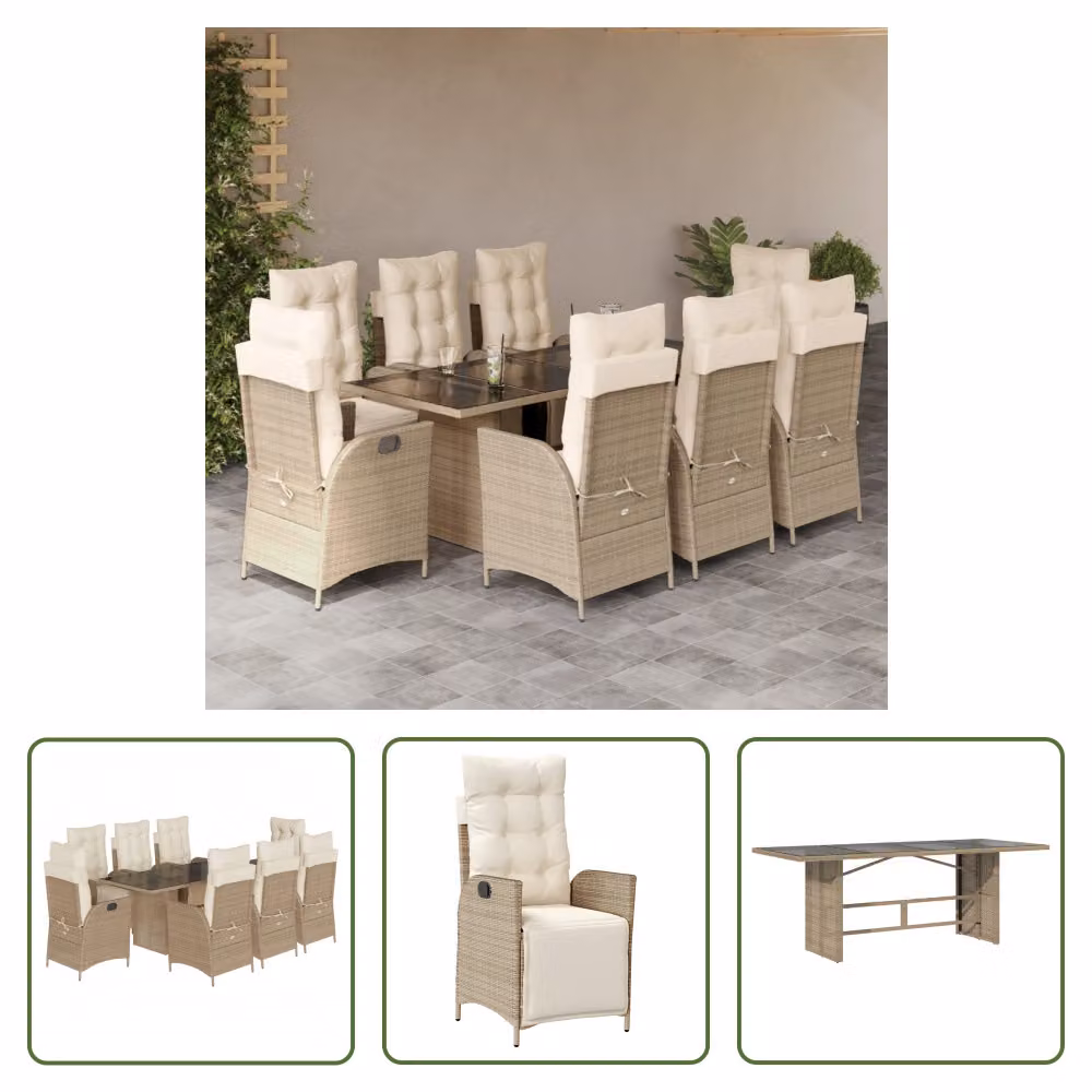 The Living Store Set da pranzo da giardino 9 pezzi con cuscini Beige poly rattan