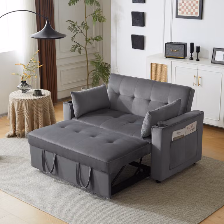 Divano letto STILVORA con cuscini e schienale, divano lounge con tasca portaoggetti e portabevande, divano pieghevole per camera da letto, soggiorno e appartamento, grigio