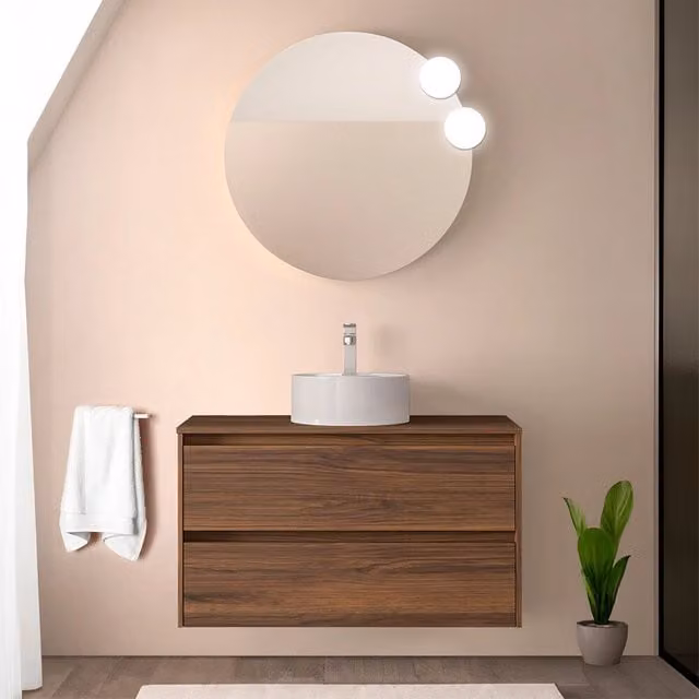 Mobile bagno sospeso Inbagno Gaya noce maya con top per lavabo da appoggio e ante con cassetti soft close