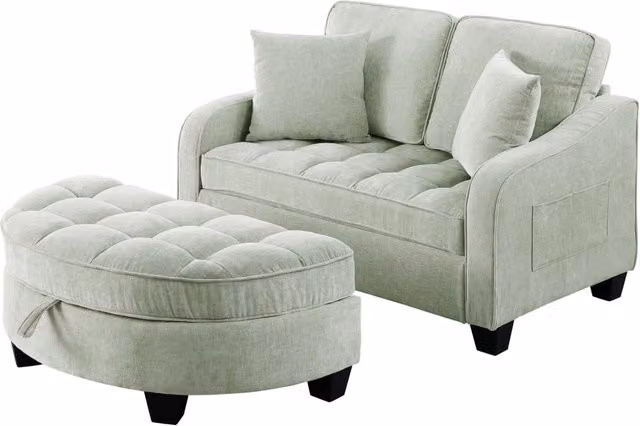 Divano multifunzionale 2-in-1 con letto e pouf contenitore, struttura in legno di eucalipto, tessuto traspirante, ideale per spazi piccoli