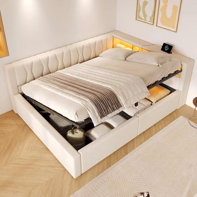 Letto singolo 90x200 cm con contenitore idraulico LED dimmerabile mensole e USB in lino e MDF grigio