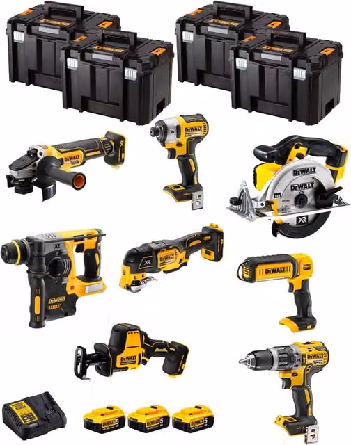 Kit utensili DeWALT DWK802T con avvitatore, trapano, martello perforatore e accessori gialli