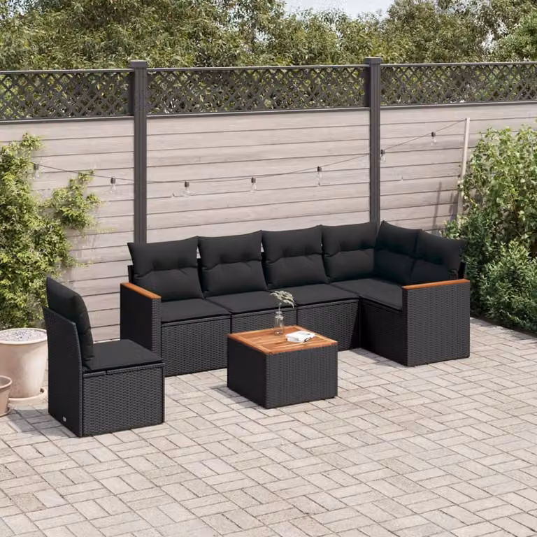vidaXL Set Divani da Giardino a L con Cuscini 7pz in Polyrattan Nero e Legno di Acacia