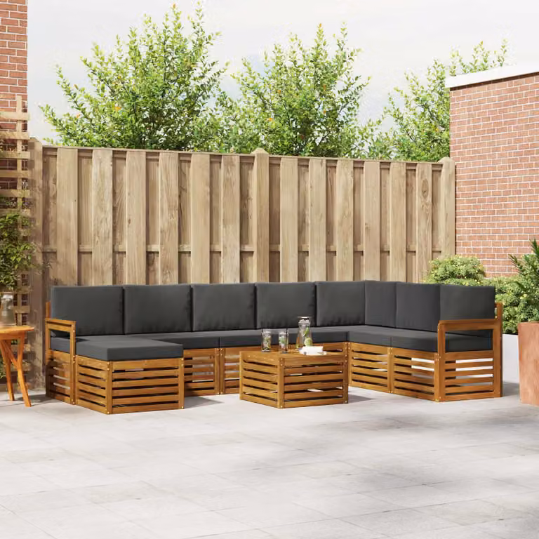 vidaXL Set di divani da esterno a L in legno di acacia con 9 pezzi, colori beige e antracite
