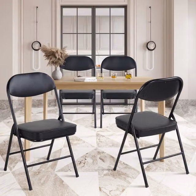 Set da 4 sedie pieghevoli REDOM con seduta imbottita in similpelle nera e struttura in acciaio verniciato a polvere – 1