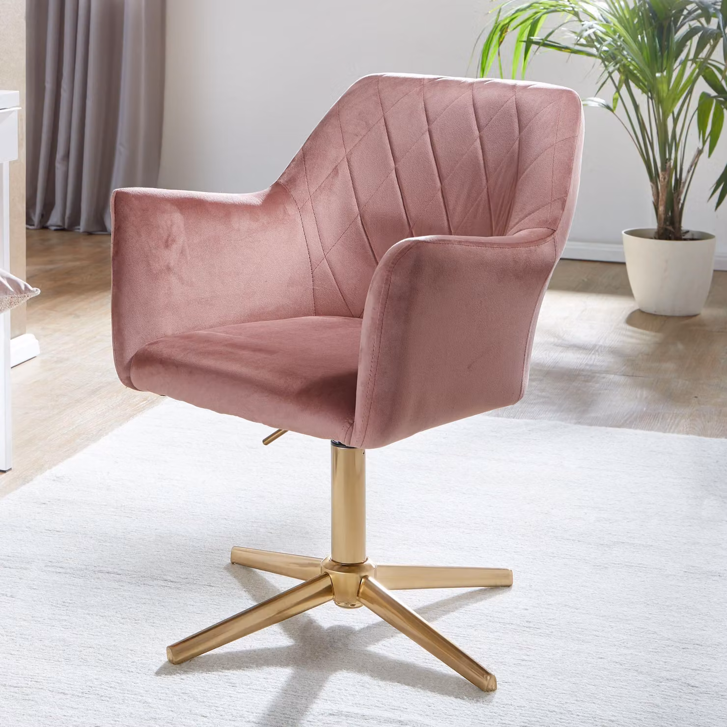 FineBuy Sedia da scrivania in velluto rosa, sedia girevole con schienale, sedia a scocca, portata 120 kg, regolabile in altezza, sedia da lavoro senza rotelle, sedia da scrivania per l'ufficio a casa