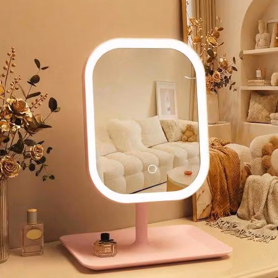 Specchio da viaggio con illuminazione a LED - 3 livelli di luminosità - Rotazione a 270° - Batteria da 2400mAh - Portatile - Rosa - Confezione da 1 pezzo