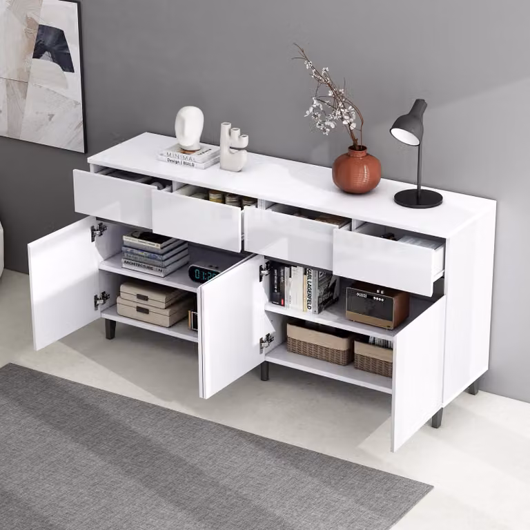Credenza STILVORA con cassetti, ripiani regolabili in altezza, mobili base lucidi con gambe nere in pannelli di particelle di alta qualità
