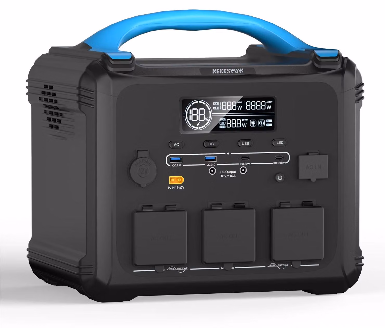 Centralina portatile – 2000 W – Potenza massima 3600 W – Capacità 1024 Wh – 25,6 V 40 Ah – Ricarica rapida AC da 1300 W – Onda sinusoidale pura