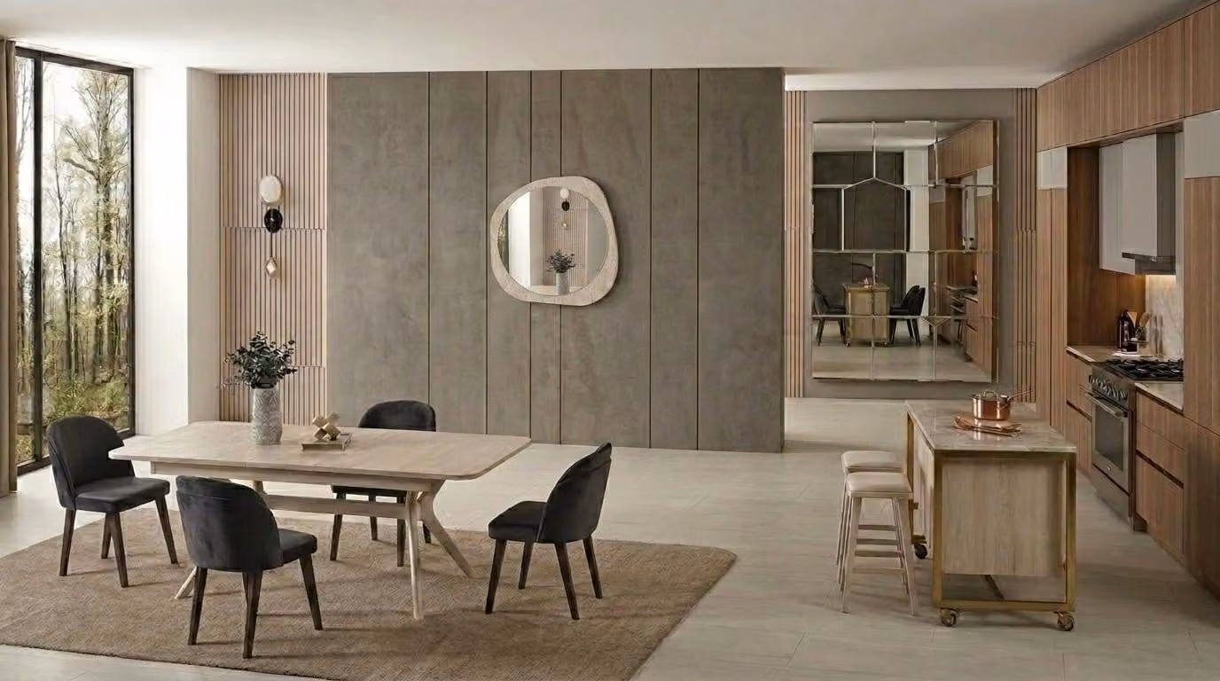 Tavolo da pranzo, specchio, soggiorno, stile moderno, colore beige, nuovo, pratico, rettangolare