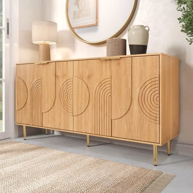 Sideboard moderno con 4 ante in MDF effetto legno naturale e dettagli oro, L: 140 cm, P: 40 cm, H: 72 cm