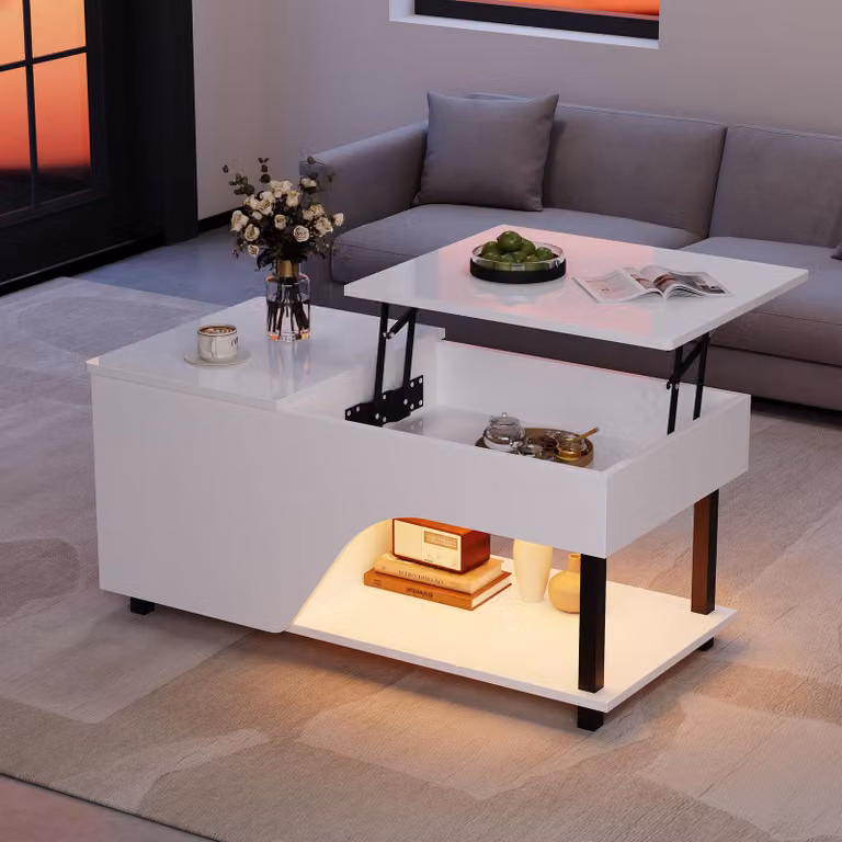 Tavolino Merax regolabile in altezza con LED, tavolino da salotto lucido con vano portaoggetti nascosto, tavolino con piano sollevabile e ripiani, bianco
