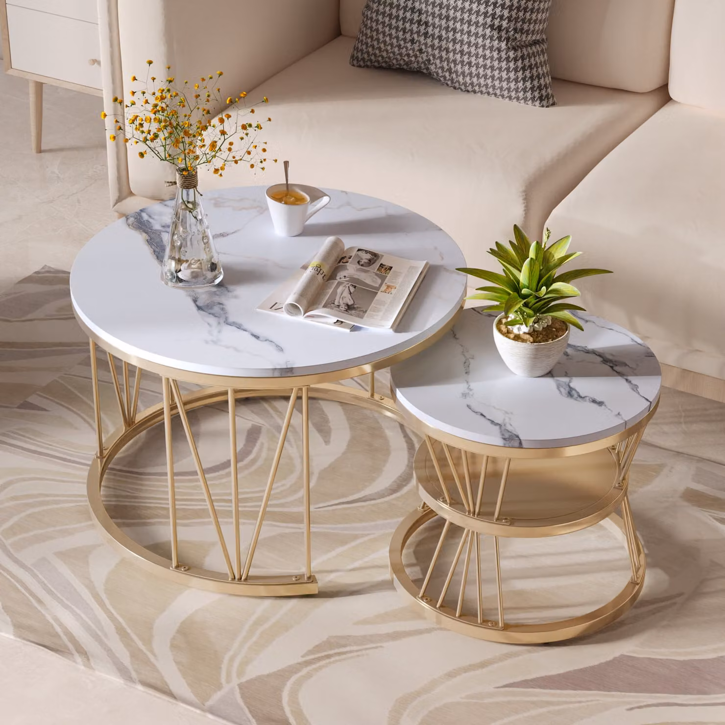 CDGlobal set di 2 tavolini rotondi con motivo in marmo, tavolino da salotto tavolo da divano industriale, piano da 1,5 cm, bianco
