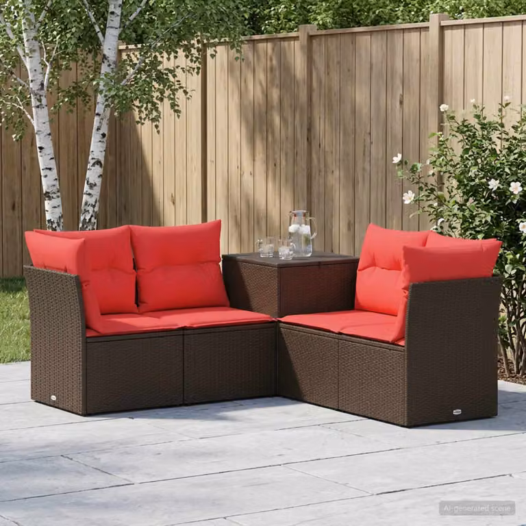 Set di divani da giardino vidaXL a forma di L con 5 pezzi in rattan sintetico e metallo, colore marrone e rosso