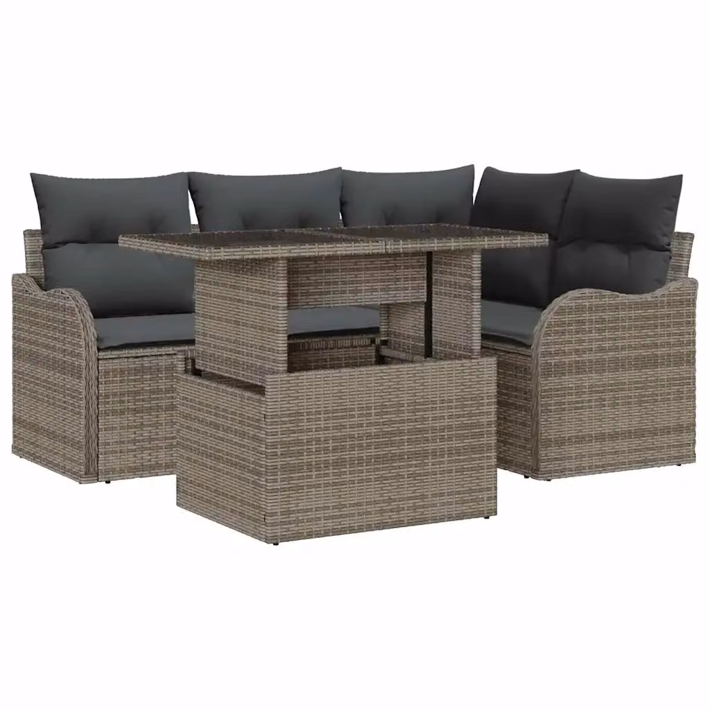 vidaXL Set Divano da Giardino a L 5 Pezzi Grigio con Tavolino e Cuscini in Rattan e Metallo – 2