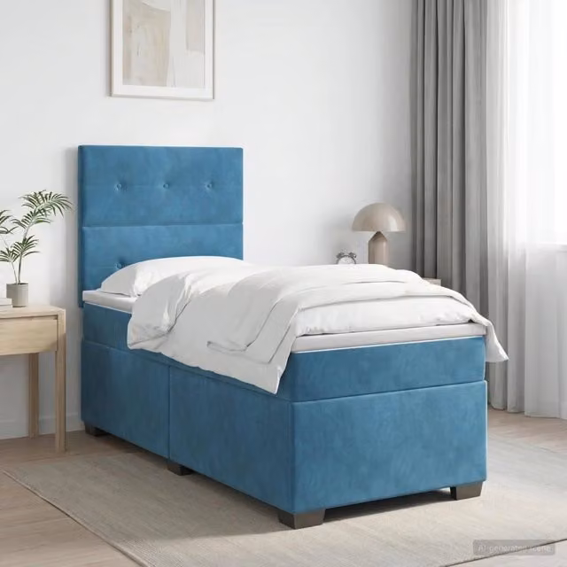 Letto box spring con materasso vidaXL in velluto blu e bianco con base a sollevamento L/P/H: 80 x 200 x 46 cm – 1