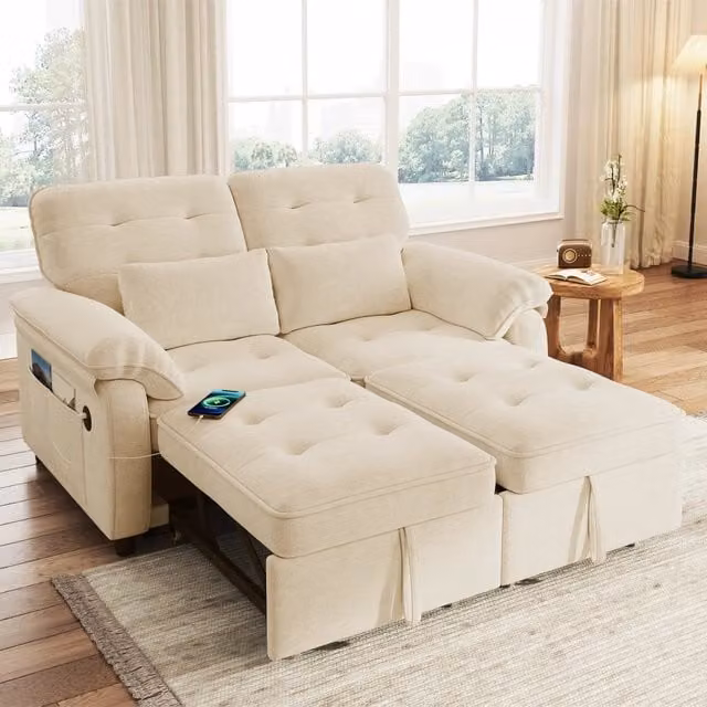 Divano letto 3 in 1 - Zephmum- Regolabile, USB, in tessuto Chenille, Beige