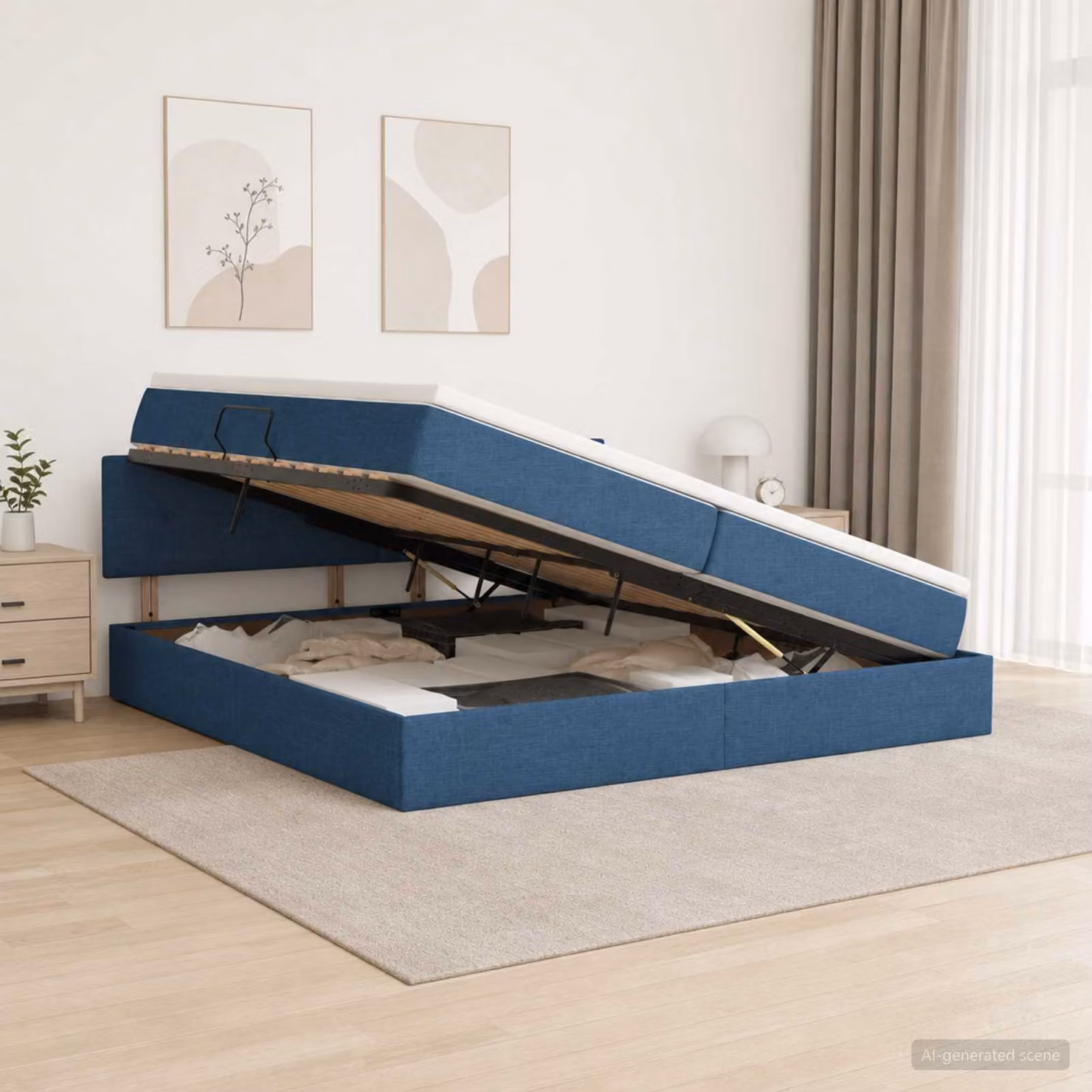 Letto con contenitore e illuminazione LED vidaXL in tessuto blu con materasso a molle L/P/H: 200 x 200 x 34 cm