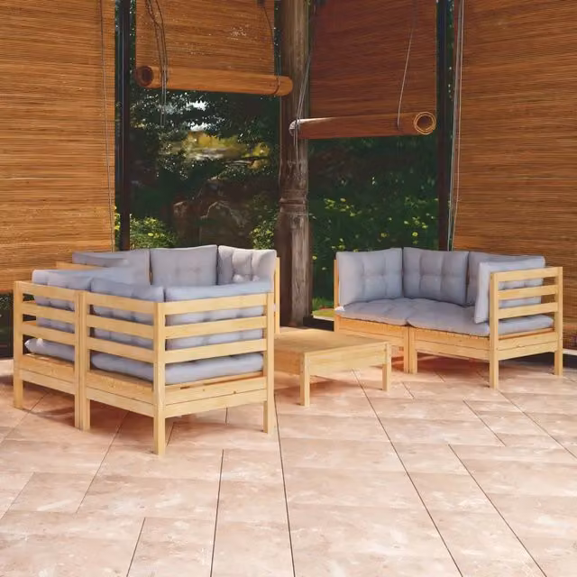 Set Divani da Giardino 7 pz con Cuscini Grigi Massello di Pino 3096249