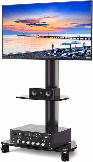 Polo TV per schermo da 27 a 65 pollici - Incluso piano per laptop - Altezza regolabile - Nero - MAX 50KG VESA 400x400 mm stazione TV trasportabile