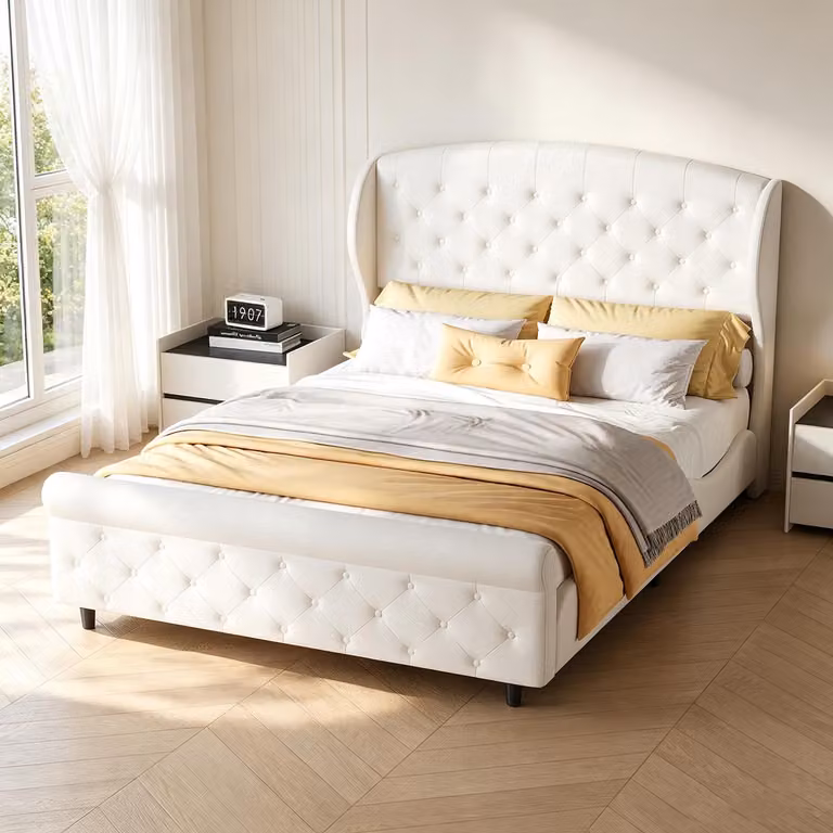 Letto imbottito matrimoniale INONEFT, 140x200 cm, con struttura a molle e rete a doghe. Letto per giovani, elegante, rivestito in tessuto con testiera, in velluto, color beige