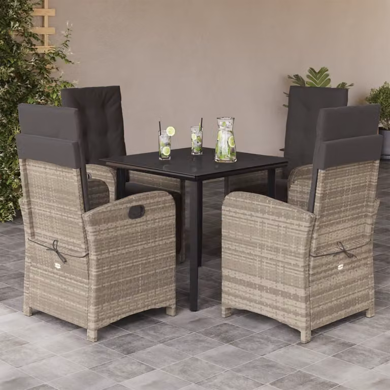 Set Pranzo da Giardino vidaXL in Polyrattan con Cuscini Grigio Chiaro e Tavolo in Vetro Nero