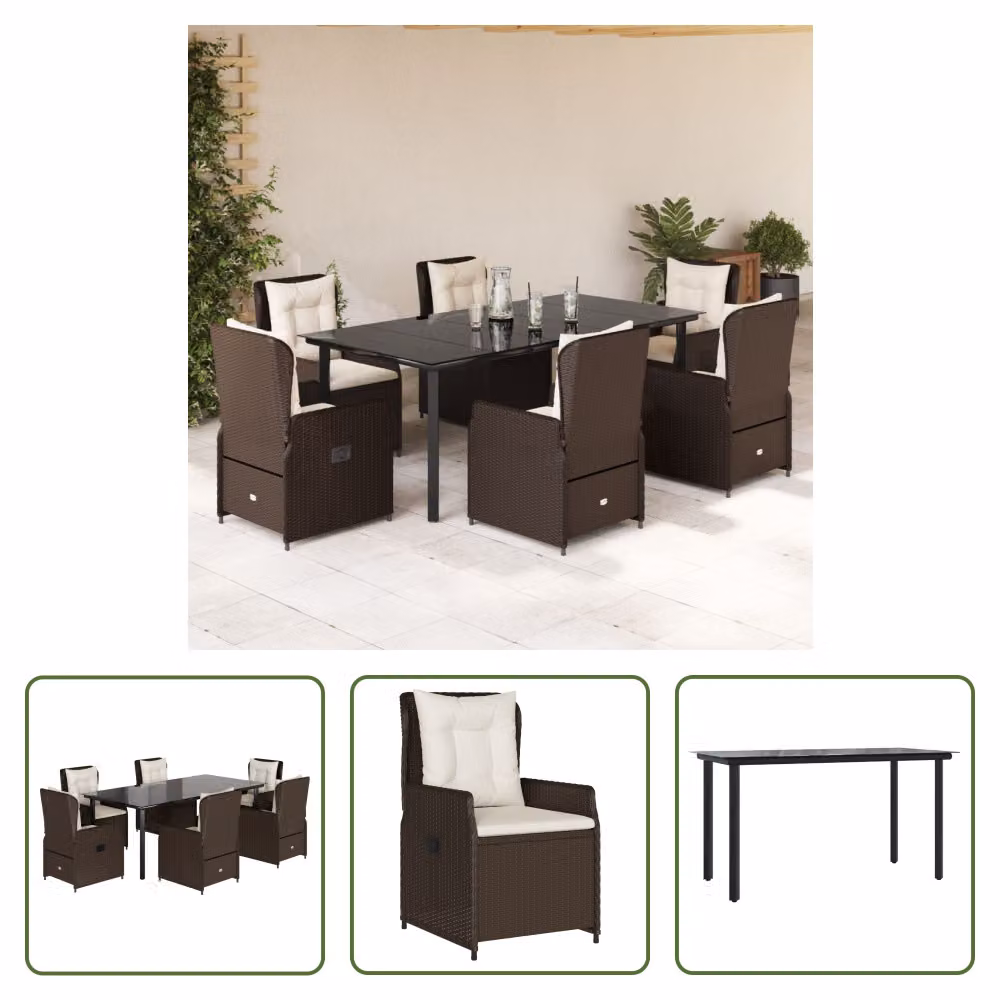 The Living Store Set da pranzo da giardino 7 pezzi con cuscini in polirattan marrone