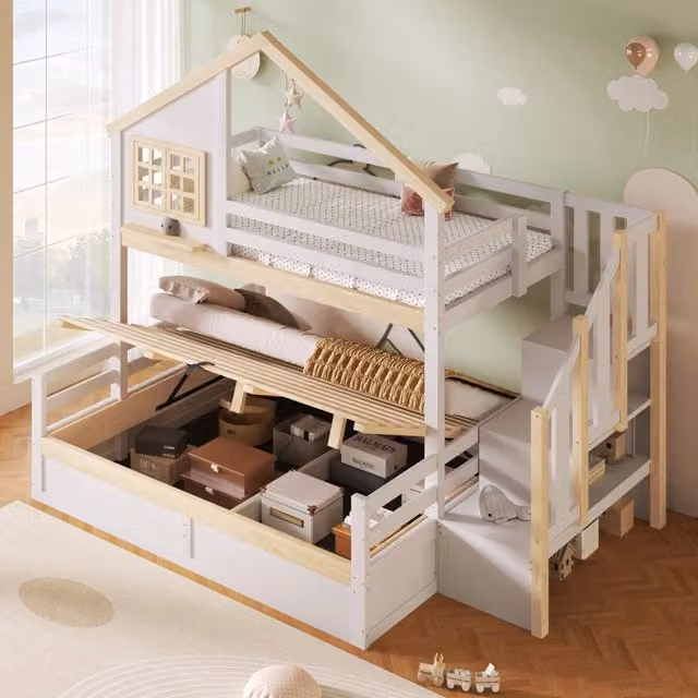 Letto a castello REDOM per bambini in pino e MDF, colore bianco e beige, L/P/H: 200 x 90 x 145 cm