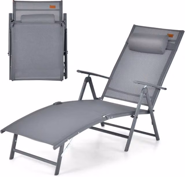 Sedia a sdraio pieghevole con schienale regolabile e poggiatesta, in tessuto textilene e acciaio verniciato, colore grigio, portata 150 kg – 1