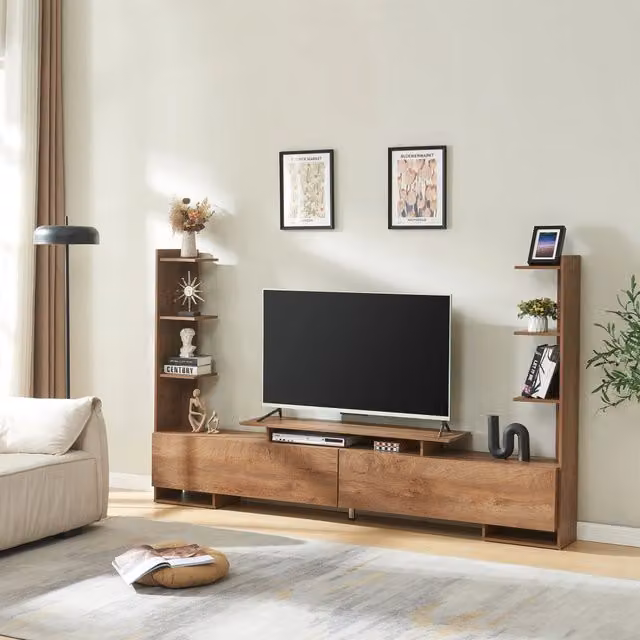 Mobile TV Rauki en.casa con ripiani laterali e ante a ribalta, effetto noce marrone, L: 140,5 cm, H: 31,0 cm, P: 233,0 cm